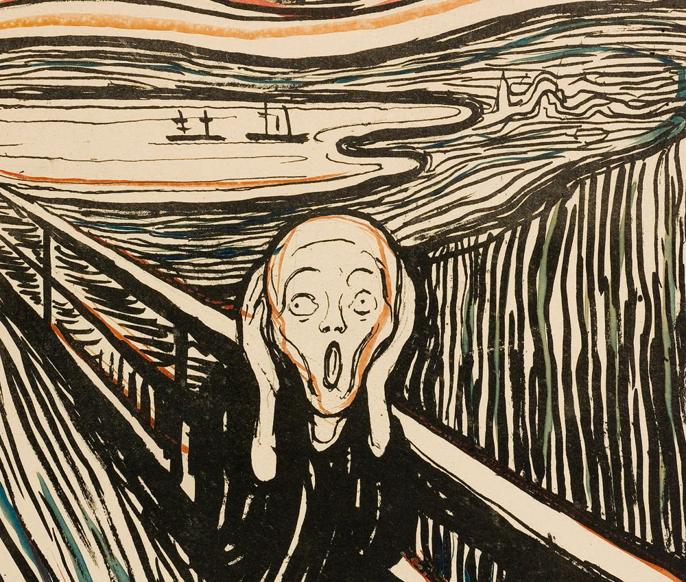 SKRIK Litografi trykket i sort og håndkolorert i rødt, oransje, blått og grønt. The Gundersen Collection er en imponerende samling av kunst og norske bondeantikviteter. Store deler av samlingen er stilt ut på hotellet Vestlia Resort i fjellbygda Geilo, Norge. The Gundersen Collection har også Norges viktigste private samling med grafikk av Edvard Munch. Ikke minst flere håndkolorerte grafiske verk. Her ser litografiet Skrik, trykket i sort og håndkoloret i rødt, oransje, blått og grønt