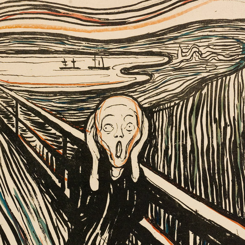 SKRIK Litografi trykket i sort og håndkolorert i rødt, oransje, blått og grønt. The Gundersen Collection er en imponerende samling av kunst og norske bondeantikviteter. Store deler av samlingen er stilt ut på hotellet Vestlia Resort i fjellbygda Geilo, Norge. The Gundersen Collection har også Norges viktigste private samling med grafikk av Edvard Munch. Ikke minst flere håndkolorerte grafiske verk. Her ser litografiet Skrik, trykket i sort og håndkoloret i rødt, oransje, blått og grønt