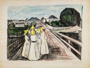 På broen The Gundersen Collection er en imponerende samling av kunst og norske bondeantikviteter. Store deler av samlingen er stilt ut på hotellet Vestlia Resort i fjellbygda Geilo, Norge. The Gundersen Collection har også Norges viktigste private samling med Munch-grafikk. Ikke minst flere håndkolorerte grafiske verk. Her ser vi litografiet "På broen" av Edvard Munch. 1912-13, håndkolorert. Litografi trykket i sort og håndkoloret i gult, rødt, blått og grønt