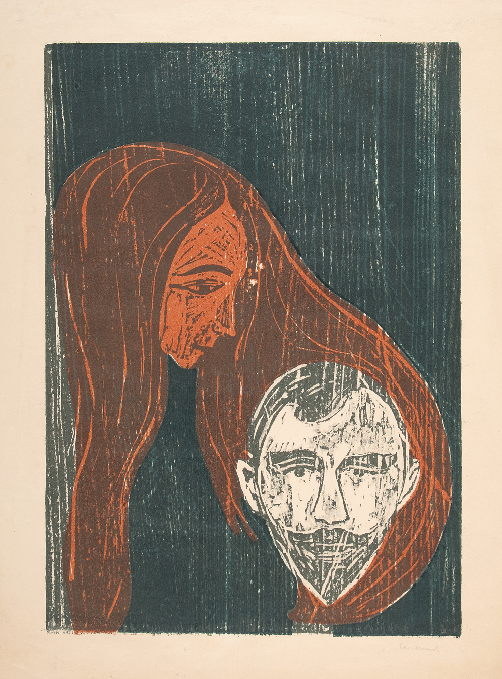 Edvard Munch, Mannshode i kvinnehår, 1896. Fargetresnitt trykket i blått, grått og oransje. The Gundersen Collection.