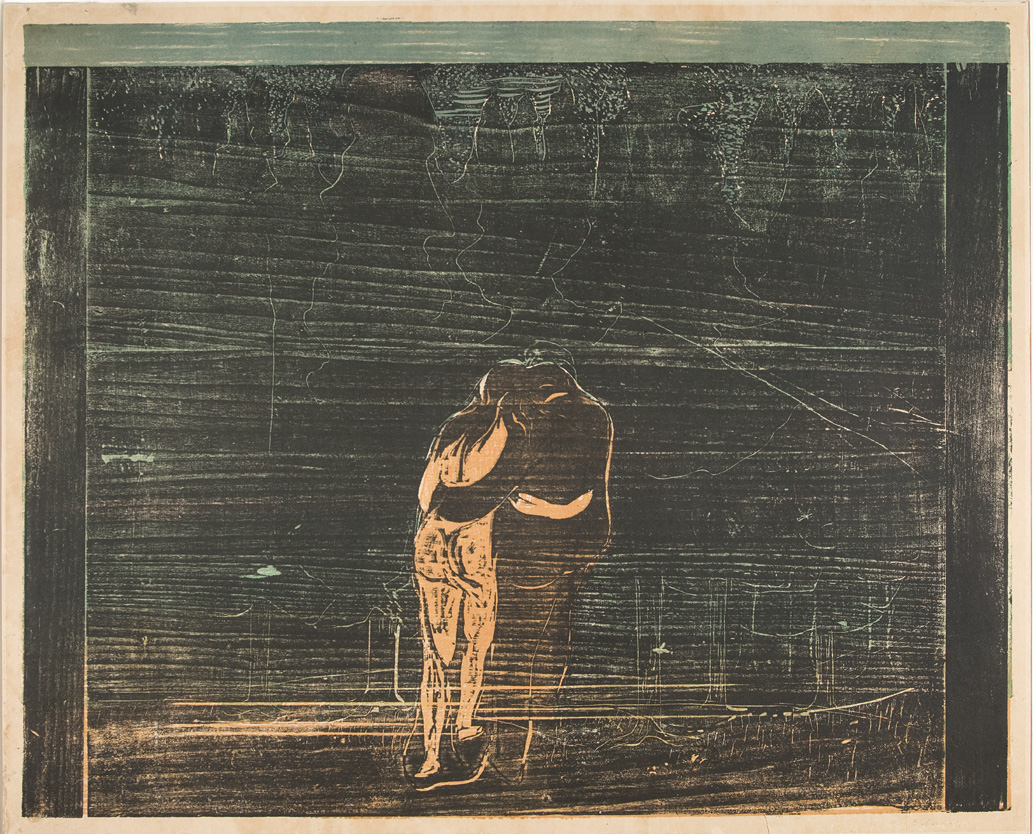 Edvard Munch, Mot skogen I, 1897. Tresnitt trykket i blågrønt, oransje og sort. The Gundersen Collection.