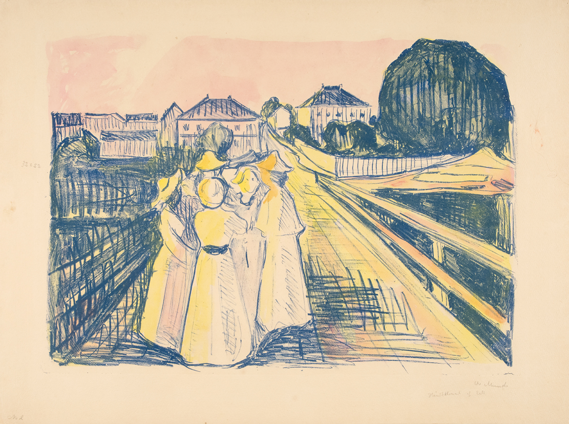 Edvard Munch, På broen, 1912-13. Litografi trykket i blått og håndkolorert i gult, rosa, oransje og grønt. The Gundersen Collection