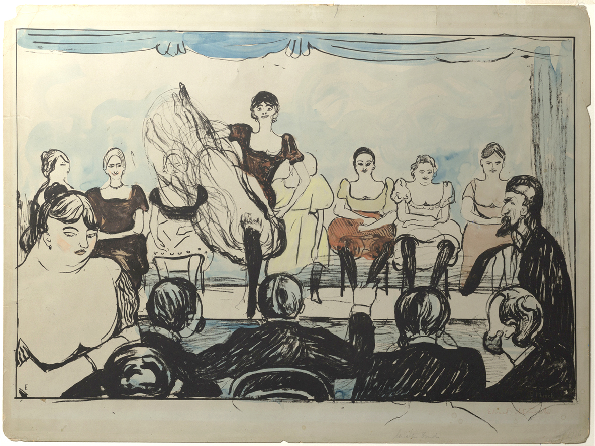 Edvard Munch, "Tingeltangel", 1895. Litografi trykket i sort, håndkolorert med akvarell og goauche i blått, rødt, rosa og gult. The Gundersen Collection.
