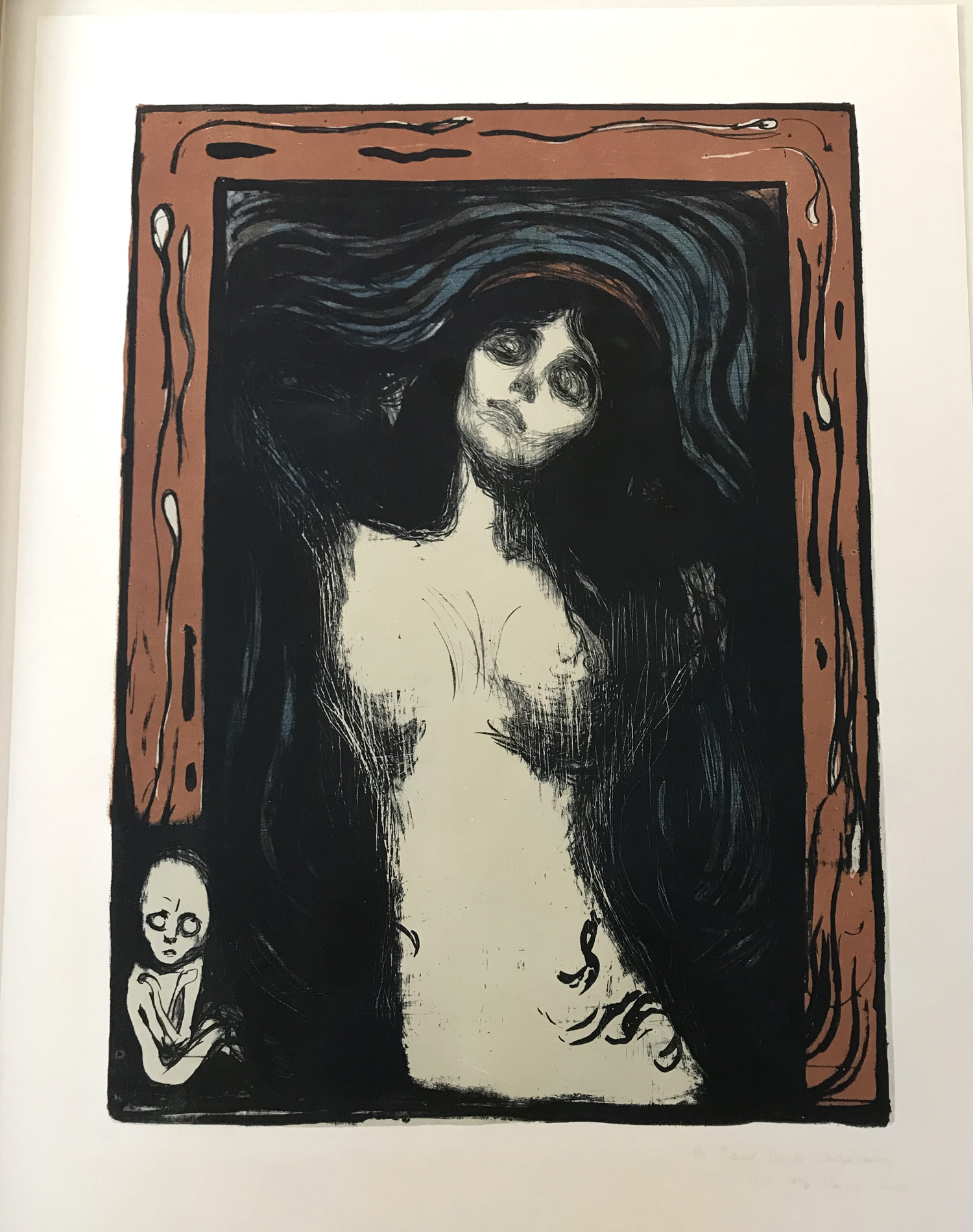 Edvard Munch, Madonna, 1895/1902 Litografi trykket i sort, rødt, blått og oliven grønt. The Gundersen Collection