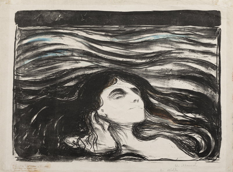 Edvard Munch, "På kjærlighetens bølger", 1896. Litografi trykket i sort, håndkolorert med blått. The Gundersen Collection.