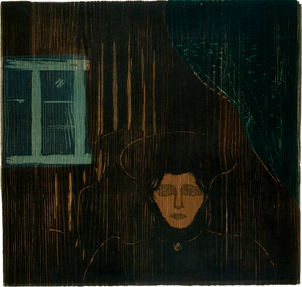 Edvard Munch, Måneskinn, 1902. Tresnitt trykket i sort, brungult, grønt og blått. The Gundersen Collection.