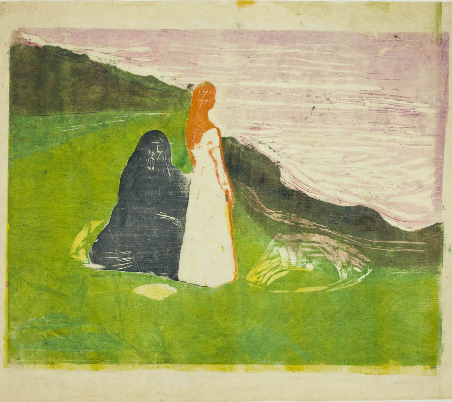 To kvinner ved stranden Edvard Munch, To kvinner ved stranden. 1898-1915-17 . Kombinasjonstrykk. Fargetresnitt trykket i sort, oransje, lys grønt, mørkt grønt, gult og linosnitt i lilla. Signert nede til høyre med blyant: Edv Munch