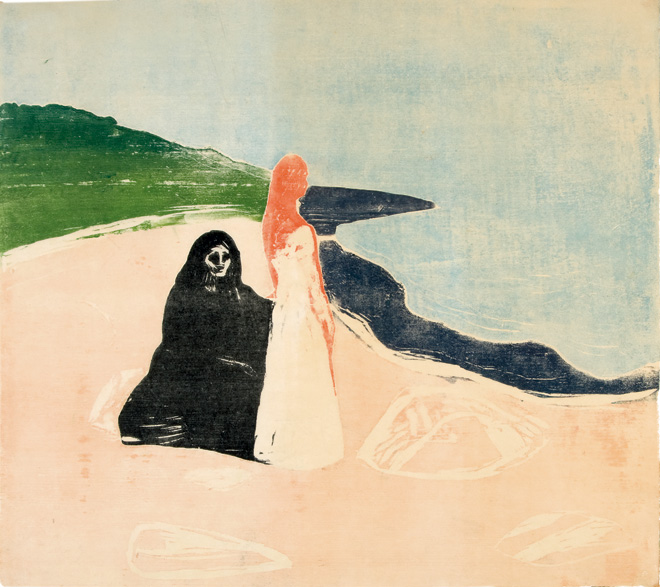 To kvinner på stranden The Gundersen Collection er en imponerende samling av kunst og norske bondeantikviteter. Store deler av samlingen er stilt ut på hotellet Vestlia Resort i fjellbygda Geilo, Norge. The Gundersen Collection har også Norges viktigste private samling med Munch-grafikk. Ikke minst flere håndkolorerte grafiske verk. Her ser vi Edvard Munch, "To kvinner ved stranden"