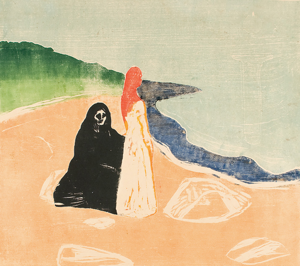 To kvinner ved stranden To kvinner ved stranden Edvard Munch, 1898. Tresnitt trykt i to grønne nyanser, to blå nyanser, oransje, sort, rødt og gult. The Gundersen Collection er en imponerende samling av kunst og norske bondeantikviteter. Store deler av samlingen er stilt ut på hotellet Vestlia Resort i fjellbygda Geilo, Norge. The Gundersen Collection har også Norges viktigste private samling med Munch-grafikk. Ikke minst flere håndkolorerte grafiske verk.