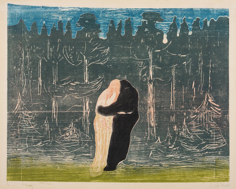 Edvard Munch Mot Skogen II, 1915 Fargetresnitt trykket i fem farger, blått, mørkegrønt, rosa, lysegrønt og sort på middels tynt gulhvitt papir Papirmål: 565-580x709 Trykkmål:505-522x650 Signert nede til høyre med blyant: Edv Munch 1915 Woll 541.